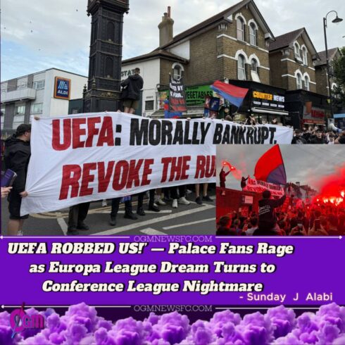 CRYSTAL PALACE FANS STAGE FURIOUS PROTEST OVER UEFA CONFERENCE LEAGUE DEMOTION